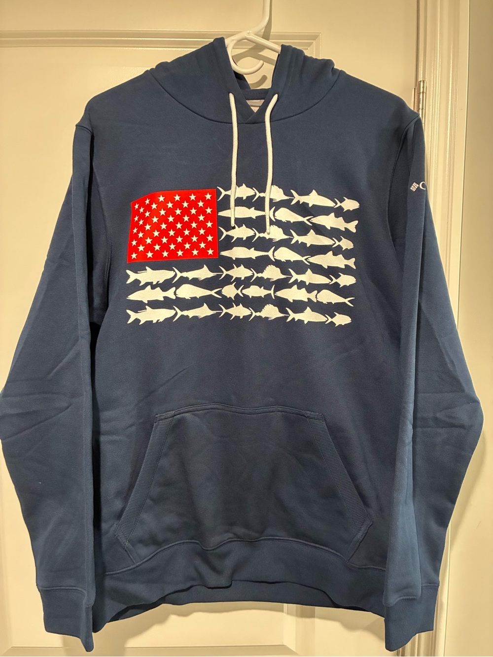 Columbia Navy Hoodie with Red & White Fish Flag Graphic